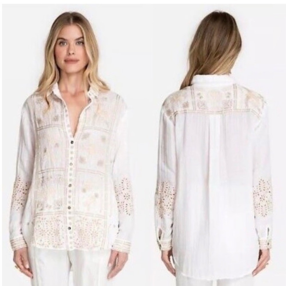 Johnny Was Shirt White Embroidered Alberte Gauzy Oversized Patchwork Floral Bird